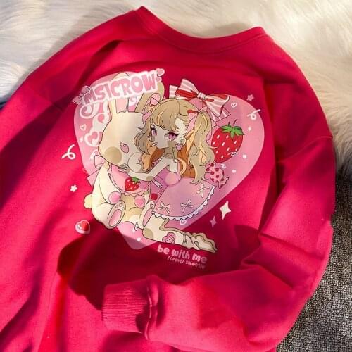 Rose Red Love Girl Anime Print Sweatshirt Women Japan Fashion Kawaii Clothes for Teens O-neck Long Sleeve Tops 2021 Autumn New
