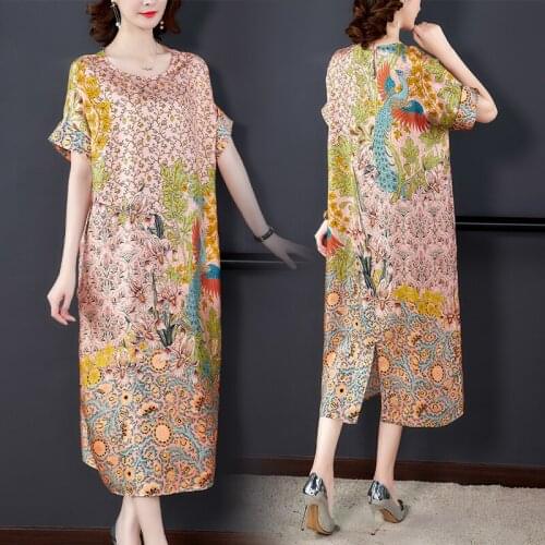2021 Boho Casual Vintage Print 4XL Midi Dress Summer Beach Floral Mulberry Silk Maxi Dress Elegant Women Bodycon Party Vestidos