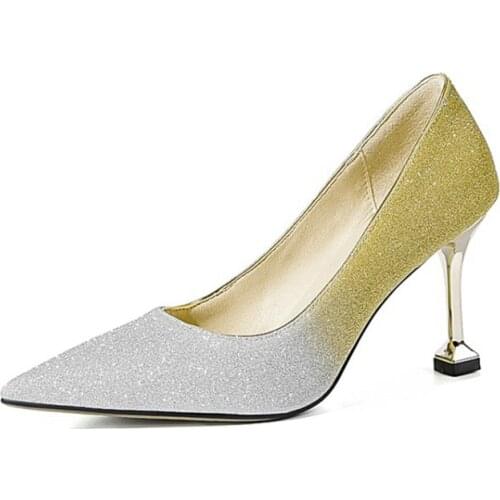 2020 Spring New Sexy Heels Size 33-42 Pointed Toe High Heel Genuine Leather Blingbling Women Shoes Slip-on Party Thin Heels