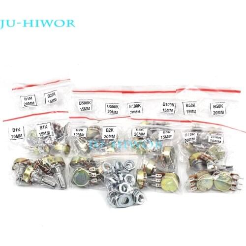 32pcs/lot) Single Rotary Potentiometer kit B1K B2K B5K B10K B20K B50K B100K B500K B1M Pots 15MM 20MM Shaft Each 2Pcs
