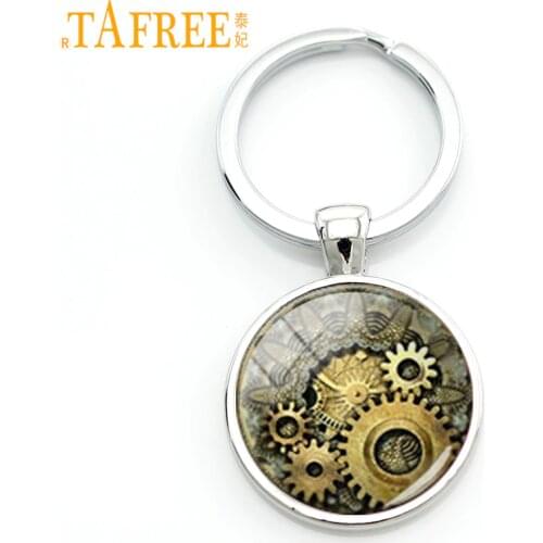 TAFREE punk clock gear picture key chain vintage striped luxurious watch gears keychain steampunk movement mens jewelry KC609