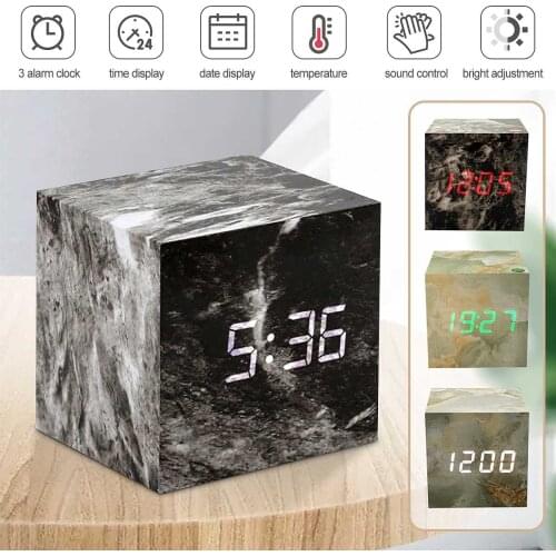 LED Digital Alarm Clock Marble Pattern Creative Voice Control With Snooze Funtion Electronic Desktop Clock Display USB/AAA Power