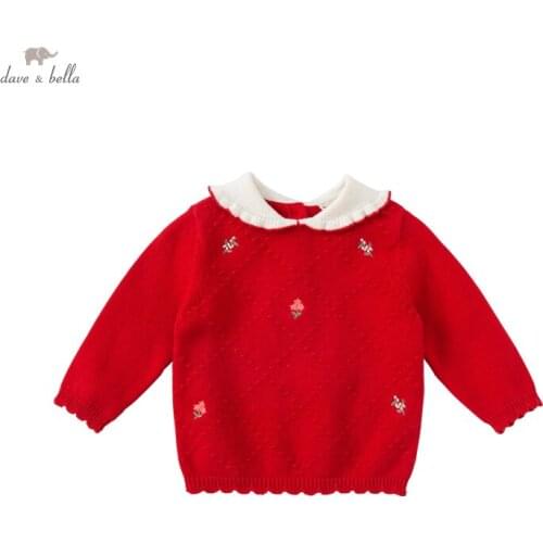 DBZ19126 dave bella winter cute baby girls Christmas floral embroidery knitted sweater kids girl fashion toddler boutique tops
