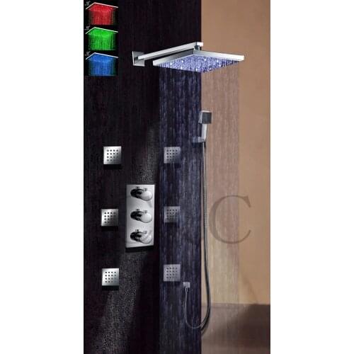 Bathroom Rainfall Shower Faucet Set 12 Inch LED Rainfall Shower Head Spa Body Massage Spray Jets With Thermostatic Faucet Valve