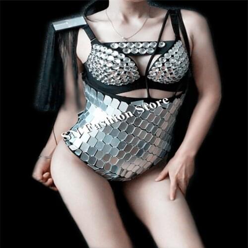 EC03 Ballroom dance silver mirror costumes sexy dj disco stage show wears catwalk performance dress models clothe bar club bikin