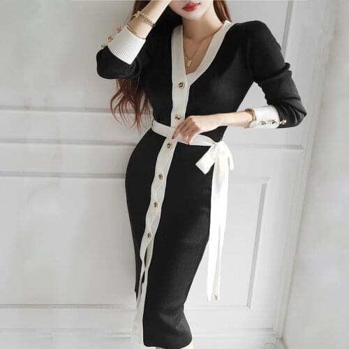 Stretchy Women Knitted Bodycon Pencil Dress Autumn Winter Hit Color Vestidos Long Sleeve V Neck Slim Chic Single-Breasted Dress