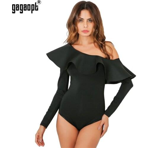 Gagaopt Autumn Long Sleeve Bodysuit Women Ruffles Shoulder Sexy Bodysuits Jumpsuit Black Bodysuit macacao feminino