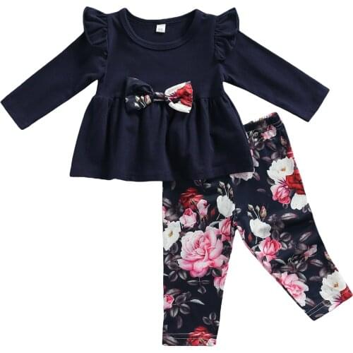 Girl’s T-shirt and Trousers Suit Fashion Solid Color Bow Long Sleeve Tops and Flower Long Pants