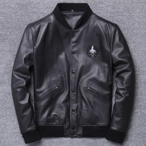 Haining Genuine Clothing Mens Baseball Serve Lead Layer Sheep Skin Leather Jacket Self-cultivation Short Thin