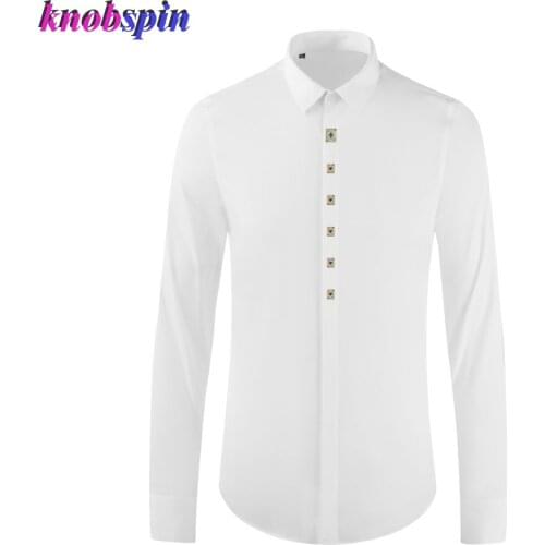 Metal Poker Decoration Men Shirt Long Sleeve Slim Chemise homme High quality Cotton Business Male Dress Shirts Plus size
