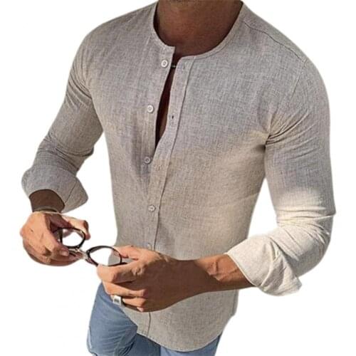 2021 New Mens Shirt Single-breasted Solid Color Elegant Round Neck Casual Long Sleeve Men Tops for Autumn Social Shirt For Men