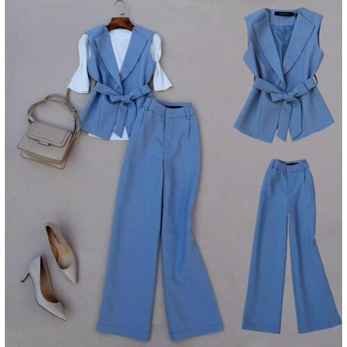 New Spring Women Fashion Office Lady Vest and Pants One Set Elegant Top and Wide Leg Trousers 2 Pieces Set