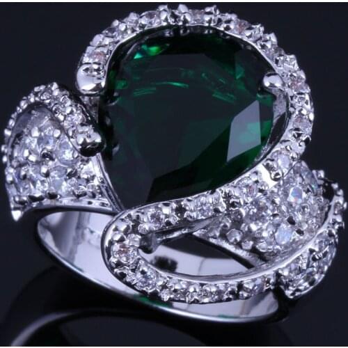 Charming Big Water Drop Green Cubic Zirconia White CZ Silver Plated Ring V0571