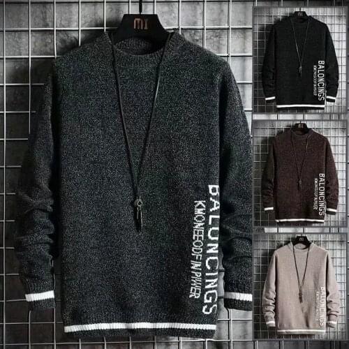 Autumn and Winter Mens Embroidered Letter Sweater Round Neck Pullover Casual Trend Personality Loose Wild Warm Bottoming Shirt