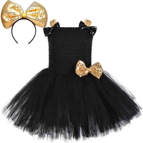 Black Gold Lol Surprise Dress for Girls Halloween Costumes Kids Girl Birthday Tutu Dresses with Golden Big Bow Headband Clothes
