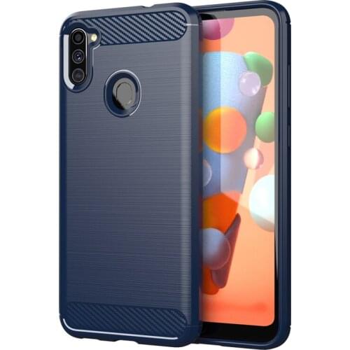 Shockproof Carbon Fiber Case for Samsung Galaxy A11 EU Brushed Texture TPU Rubber Full Body Protective Phone Cover