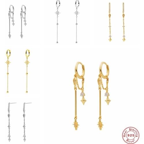 GS 925 Sterling Silver Stars Moon Tassel Drop Earrings For Women Zircon Long Chain Piercing Dangle Earing Pendientes Jewelry