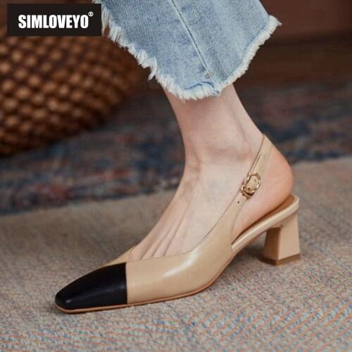 SIMLOVEYO 2021 Mixed Colors Sandals Ankle-Wrap Pointed Toe Leather Slingbacks Buckle Strap 5cm Square High Heel Big Size 33-41