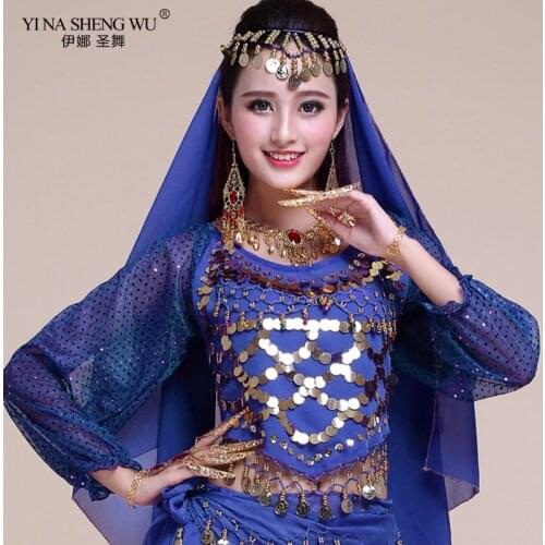 Belly Dance Performance Costumes Top Adult Female Long Sleeve Sequins India Bellydance Accessories Belly Dancing Clothing Tops