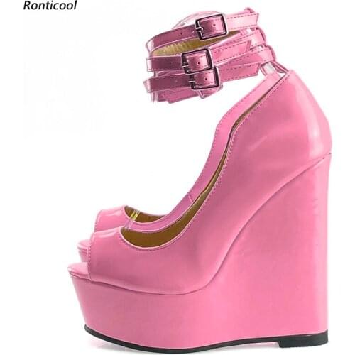 Ronticool New Fashion Women Pumps Patent Ankle Strap Wedges Heels Open Toe Yellow Pink Party Dress Shoes Women US Plus Size 5-20