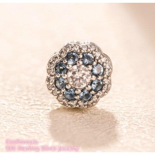 Spring Original 100% 925 Sterling Silver Blue shine Flower Charm beads Fits Brand bracelets Jewelry Making