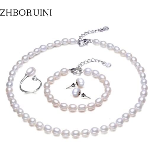 ZHBORUINI Pearl Jewelry Sets Natural Freshwater Pearls Necklace Earrings Ring Bracelet 925 Sterling Silver Jewelry For Women