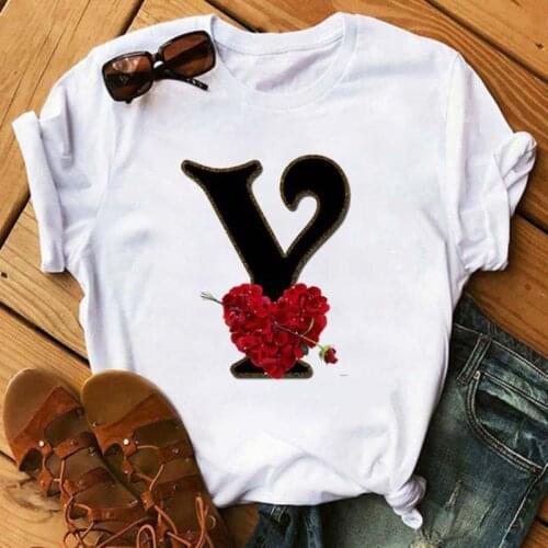 Flower Alphabet Font A B C D E Fprint T Shirt Custom Name Letter Combination Women T-shirt Short Sleeve Tee Tops Female T-shirt
