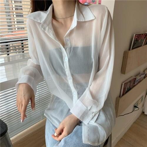 Loose Ice Silk Cardigan Blouse New Chiffon Shirt Transparent Sexy Female Summer Thin Long Sleeve Shirts Sunscreen Clothing
