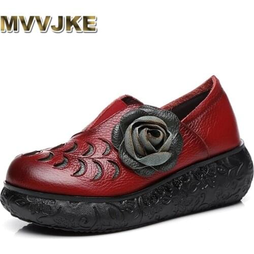 MVVJKE 2018 Women Autumn Genuine Leather High Heels Shoes Handmade Vintage Flower Platform Wedges Shoes Woman PumpsE150