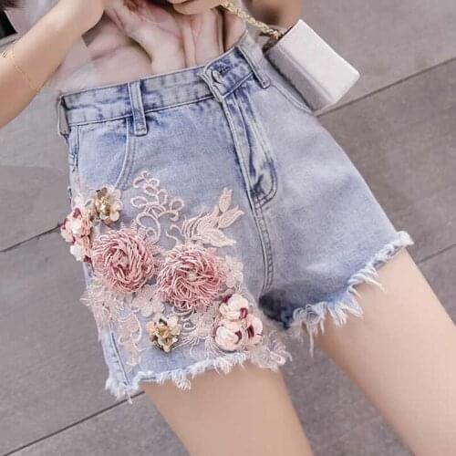 Summer Fashion Womens Lady High Waist Embroidery Flower Beading Tassel Blue Denim Shorts , Female Korea Ripped Xxl Jeans Shorts