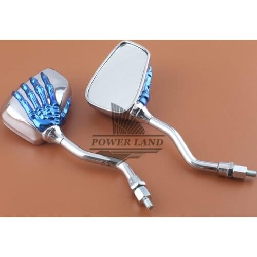 1pair Motorcycle Blue+Chrome Metal Skeleton Skull Hand Claw Rear-View Side Mirror Fit All 10mm/8mm Mirror Bolts For Harley Honda