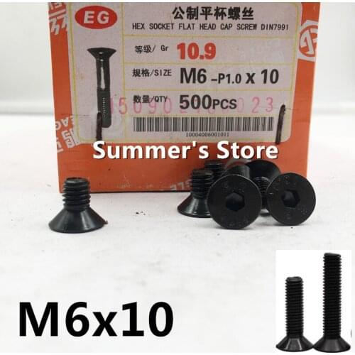 50pcs/lot DIN7991 M6*10mm Alloy Steel Hex Socket Flat Head Cap Screws M6*10mm Countersunk head black screw bolt Grade 10.9