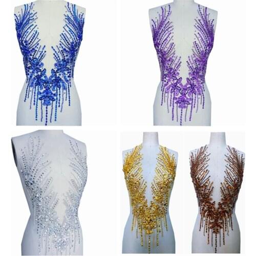 Pure handmade rhinestones applique sew on beads trim patches for wedding dress 23*13 inches