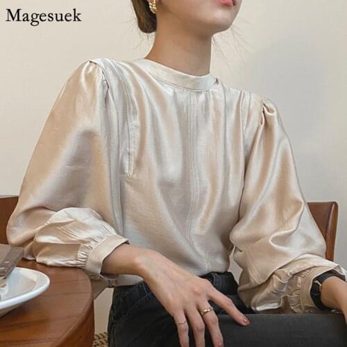 Stand Collar Vinatge Puff Sleeve Women Shirts Plus Size Solid Fashion Women Blouses 2021 Spring Pleated Loose Ladies Tops 12424