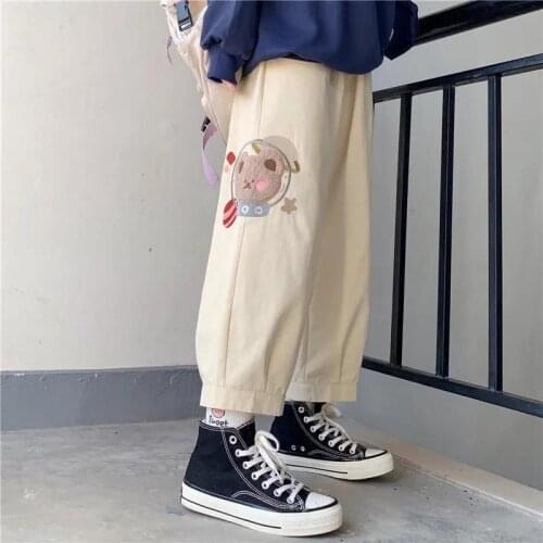 Cute Bear Embroidery Trousers Khaki Autumn Mens Funny Loose Sweatpants Hip Hop Girl Pencil Pants Korean Gothic Punk Pants