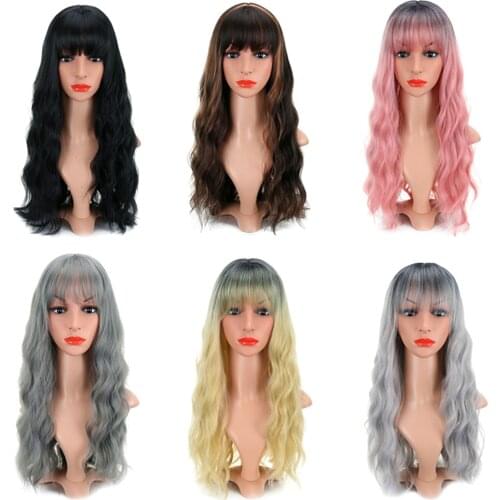 Long Wavy Wig With Bangs Ombre Mix Color Curly Synthetic Heat Resistant Nature Body Wave Colorful Costume Cosplay Wigs 22 Inch