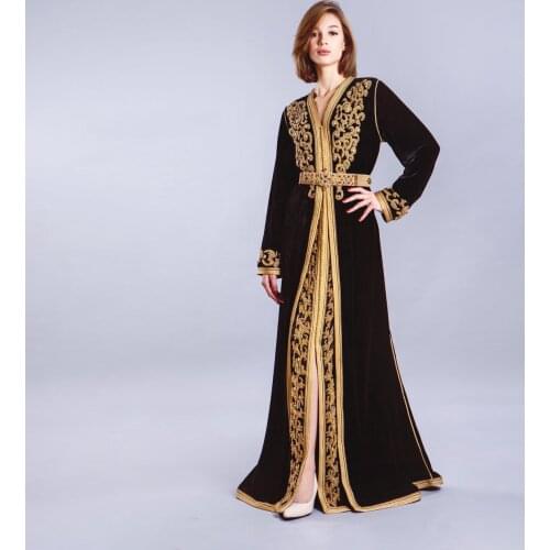 Elegant Black Moroccan Caftan Evening Dress With Applique A-line Floor Length Split Summer Dress Muslim Formal Robe Plus Size