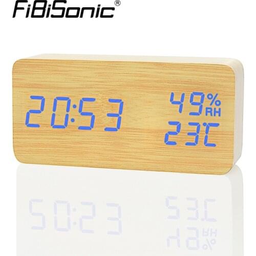 FiBiSonic Modern Simple LED Alarm Clock Temperature Humidity Show Clock Desktop Electronic Sound Control Digital Clocks