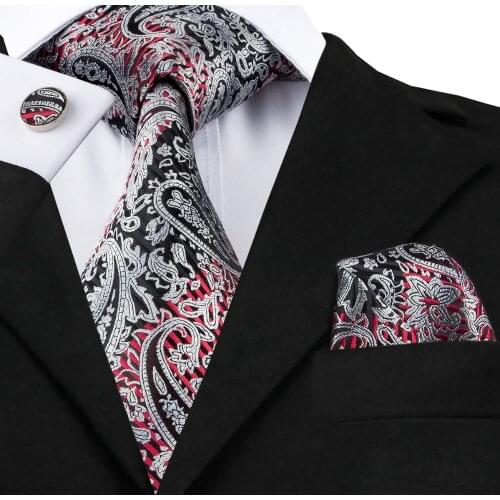 C-359 Classic Neck Tie Set Black Silver Red Mens Tie Pocket Square Cufflinks 8.5cm Jacquard Silk Ties For Men Wedding Business
