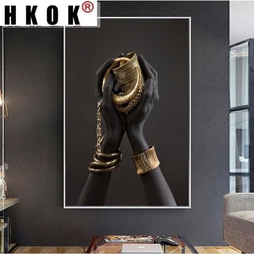 HKOK Modern Woman Hand With Gold Jewelry Canvas Paintings Abstract Wall Art Posters Prints African Art Pictures Home Wall Decor