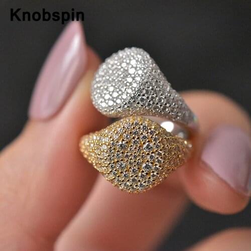 Knobspin S925 Sterling Silver 18k White Gold Plated Full Diamonds Sparkling Rings For Women Men Party Fine Jewelry