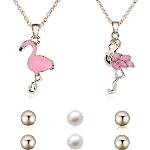 HC Cute Pink Opal Flamingo Kid Children Gift Jewelry Set Elegant Pearl Earrings Enamel Necklace Girl Women Party Sets Jewelry F