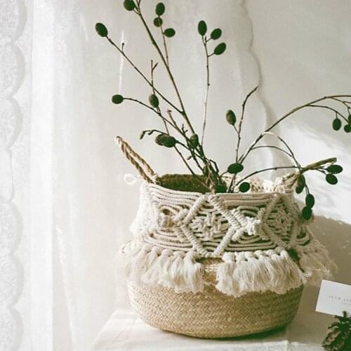 Macrame Tassel Wicker Basket Handmade Boho Decor Garden Flower Pot Study Room Storage Rattan Basket Woven Basket