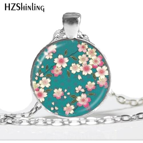NS-00253 New Fashion Glass Dome Pendant Cherry Blossom Necklace Girls Glass Cabochon Necklace HZ1