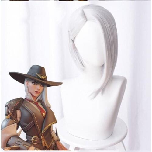 Anime OW Ashe Cosplay Wig Silver White Short Side Parting Styled Synthetic Straight Wigs Women Hair + Wig Cap