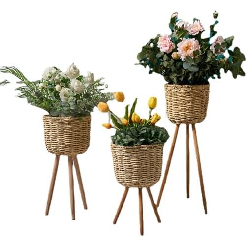 Nordic creative straw woven flower pot indoor plant stand Living room decoration creative plant pot stand decorative tray