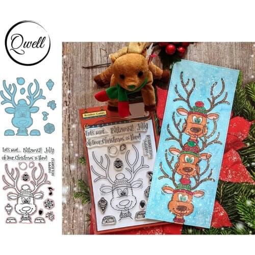 QWELL Deer Head Foot Bell Metal Cutting Dies Match Clear Stamps Happy Holiday Words DIY Craft Paper Card Making Die Cut 2020