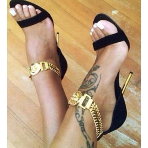 Sexy Golden Chains Ankle Wrap Concise Designer Women High Heel Dress Shoes Summer Sandals