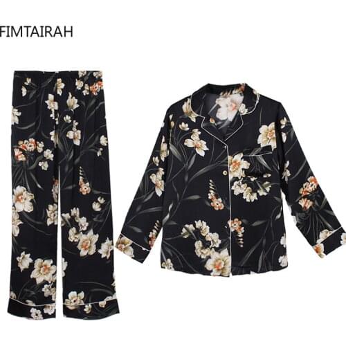 Mulberry 100% Silk Pajamas For Women Suit Flowers PJ Gift Long Sleeve Printed Floral Two-piece Home Service Sleepwear 19MM