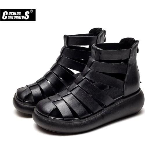 2021 Women Sandals Genuine Leather Sli On Round Female Sandals Casual Comfortable Outdoor Fashion Sunmmer Plus Size Shoes Women